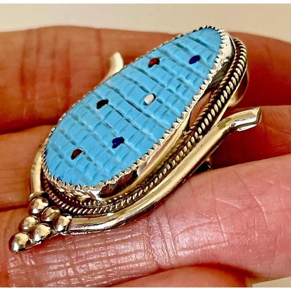 Zuni Inlay Ear Corn Maiden Pendant Pin Carved Turquoise Signed Brooch Huge Big